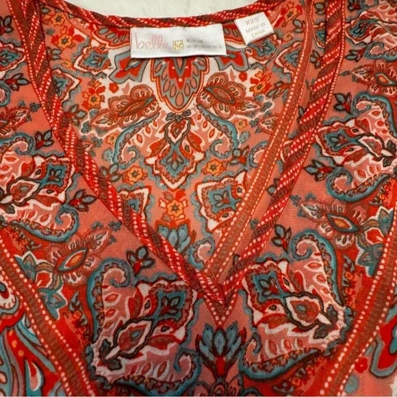 Belle by Kim Gravel Size XXS Paisley Print Bell Sleeve Blouse Top Side Slit NEW - Picture 5 of 15